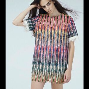 Saloni multicolor leaf crochet lace shift dress ikat
